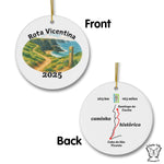 Round ceramic ornament with Rota Vicentina design on front and map on back, featuring text and distances.