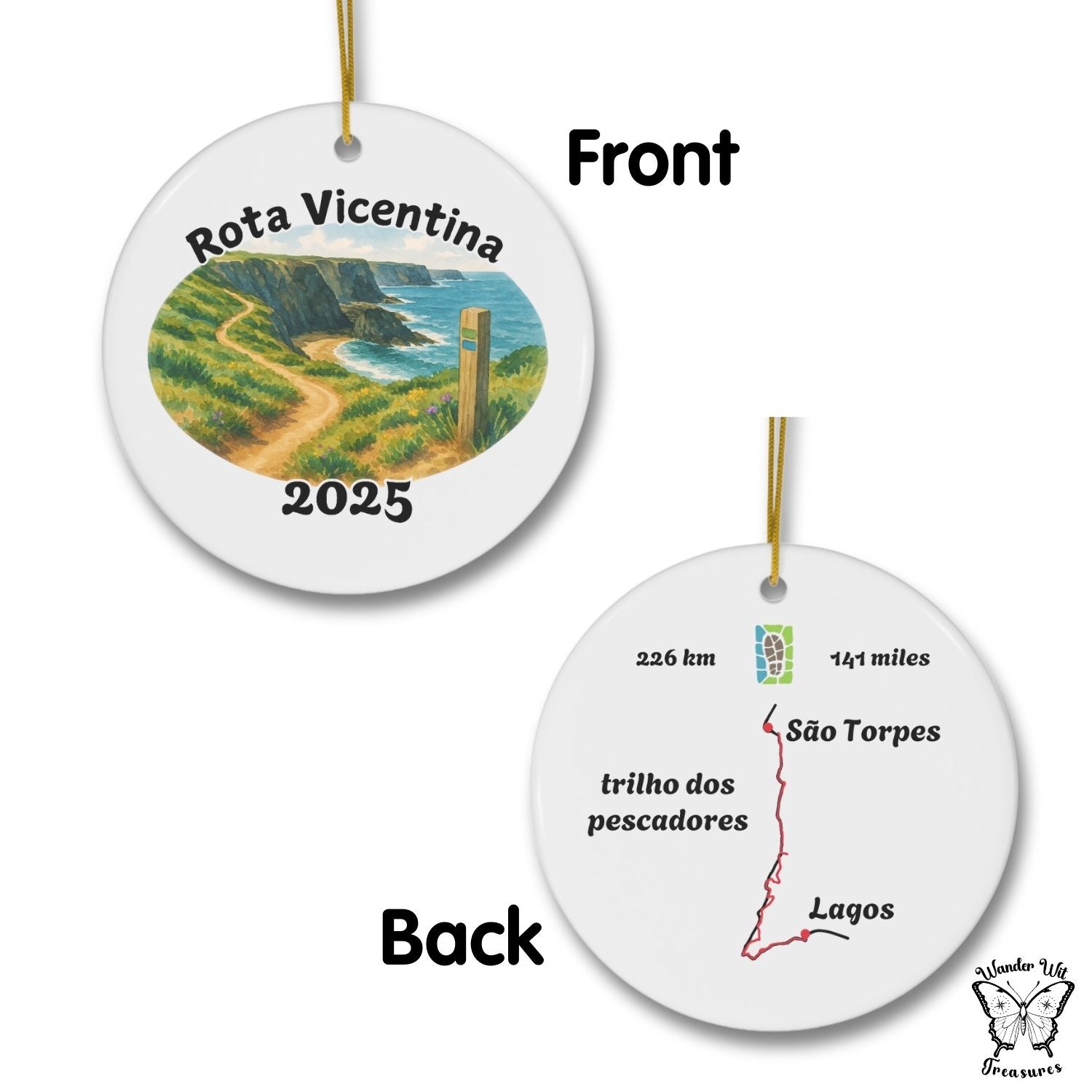 Round ceramic ornament with Rota Vicentina design on front and map on back, featuring text and distances.
