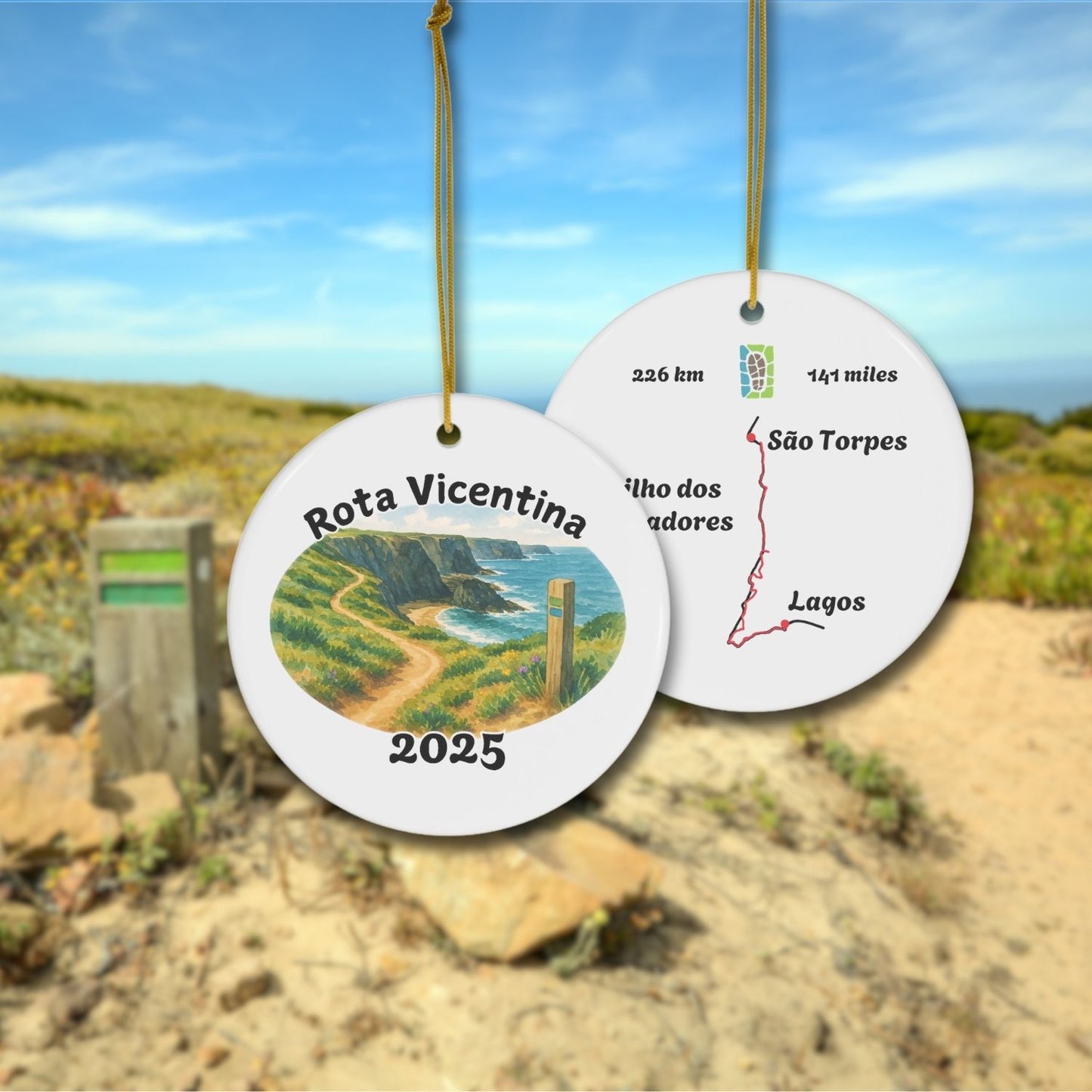 Rota Vicentina ornament coastal version front with watercolor trail scene and back with map from São Torpes to Lagos. Background with FIshermen's trail photo.
