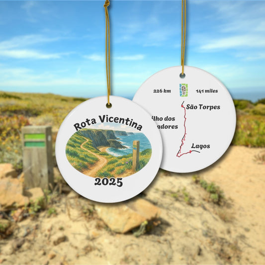 Rota Vicentina ornament coastal version front with watercolor trail scene and back with map from São Torpes to Lagos. Background with FIshermen's trail photo.