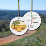 Rota Vicentina ceramic keepsake historic route with watercolor front and map back from Santiago do Cacém to Cabo de São Vicente. Background with Portuguese landscape photo.