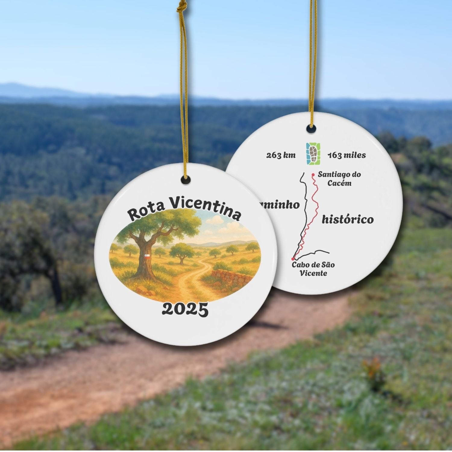 Rota Vicentina ceramic keepsake historic route with watercolor front and map back from Santiago do Cacém to Cabo de São Vicente. Background with Portuguese landscape photo.