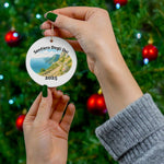 Sentiero degli Dei trail ornament shown in front of a Christmas tree, featuring the Path of the Gods watercolor design and gold cord.