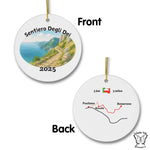 Double-sided Sentiero degli Dei ornament showing the Amalfi Coast trail watercolor on the front and the standard map from Bomerano to Positano on the back.