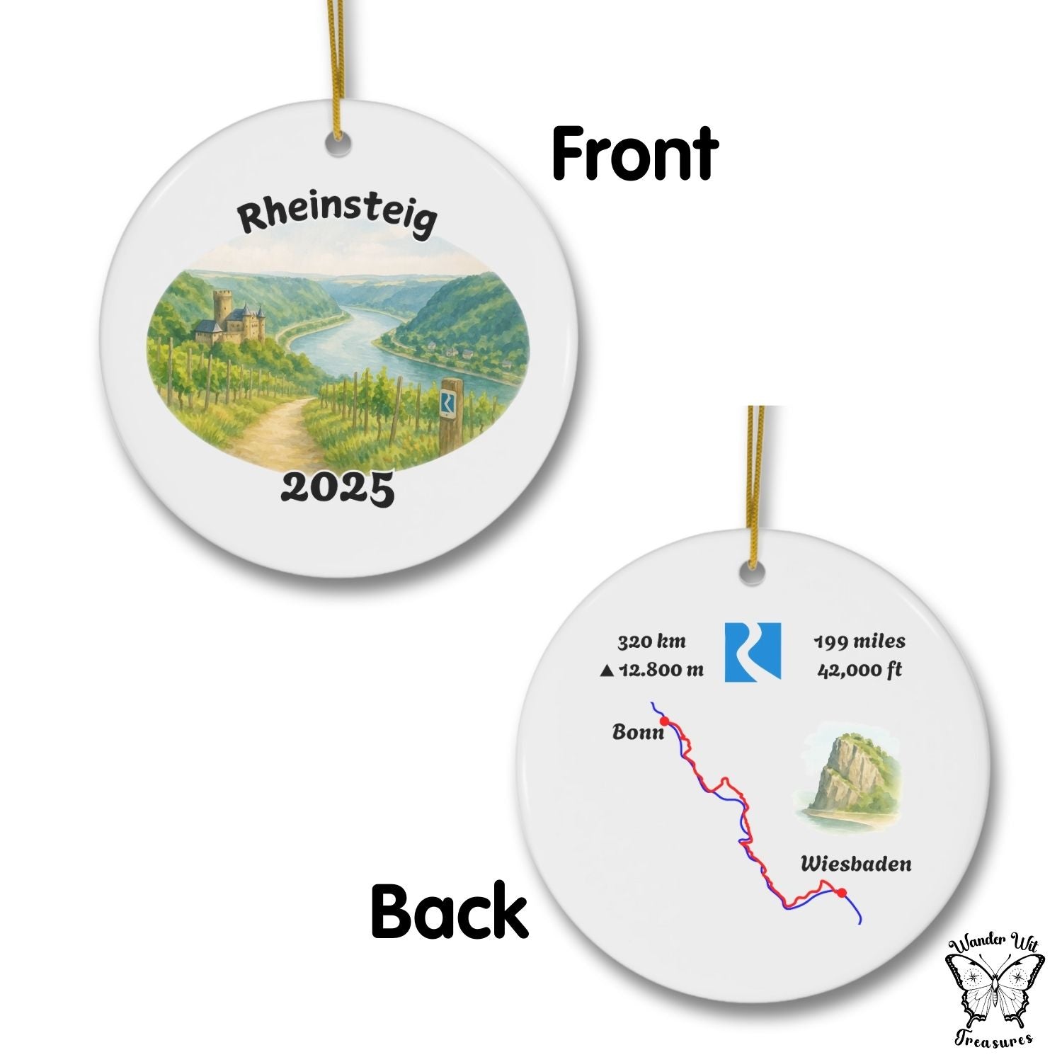Double-sided Rheinsteig trail ornament with front view of the river and vineyards, and back with map and trail stats.