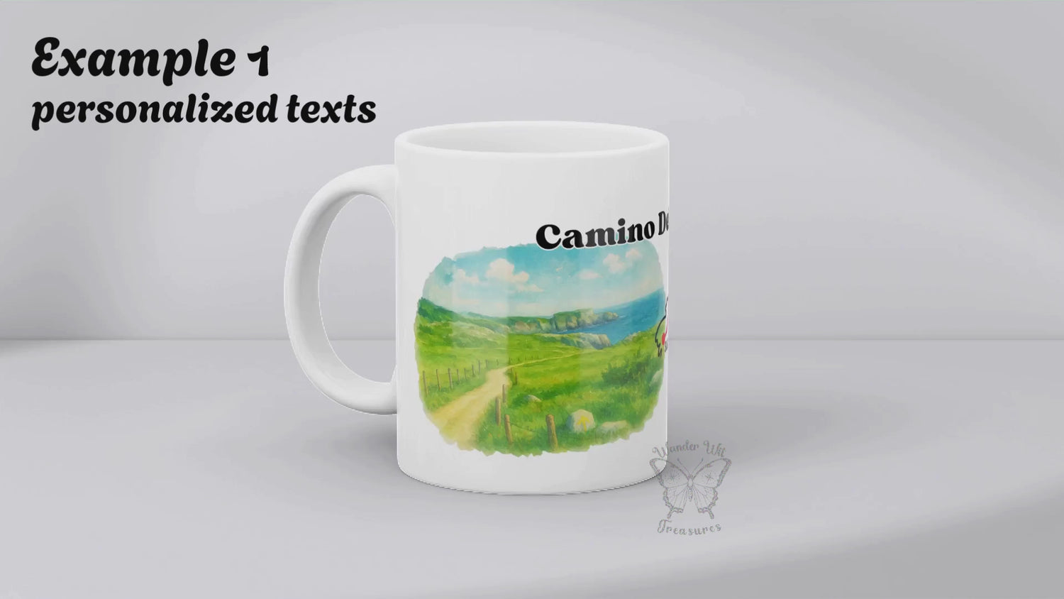 Video of Camino del Norte mug. Showing normal Design with watercolor and personalised fields. Then with photo option.