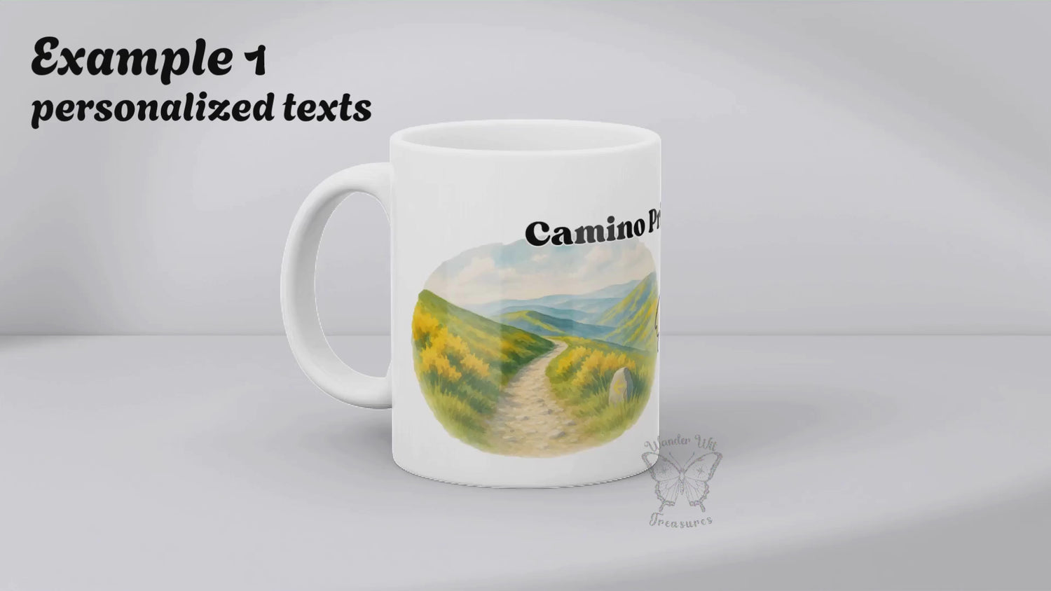 Video with two examples of the Camino Primitivo mug. One with watercolor, the other with the photo option.